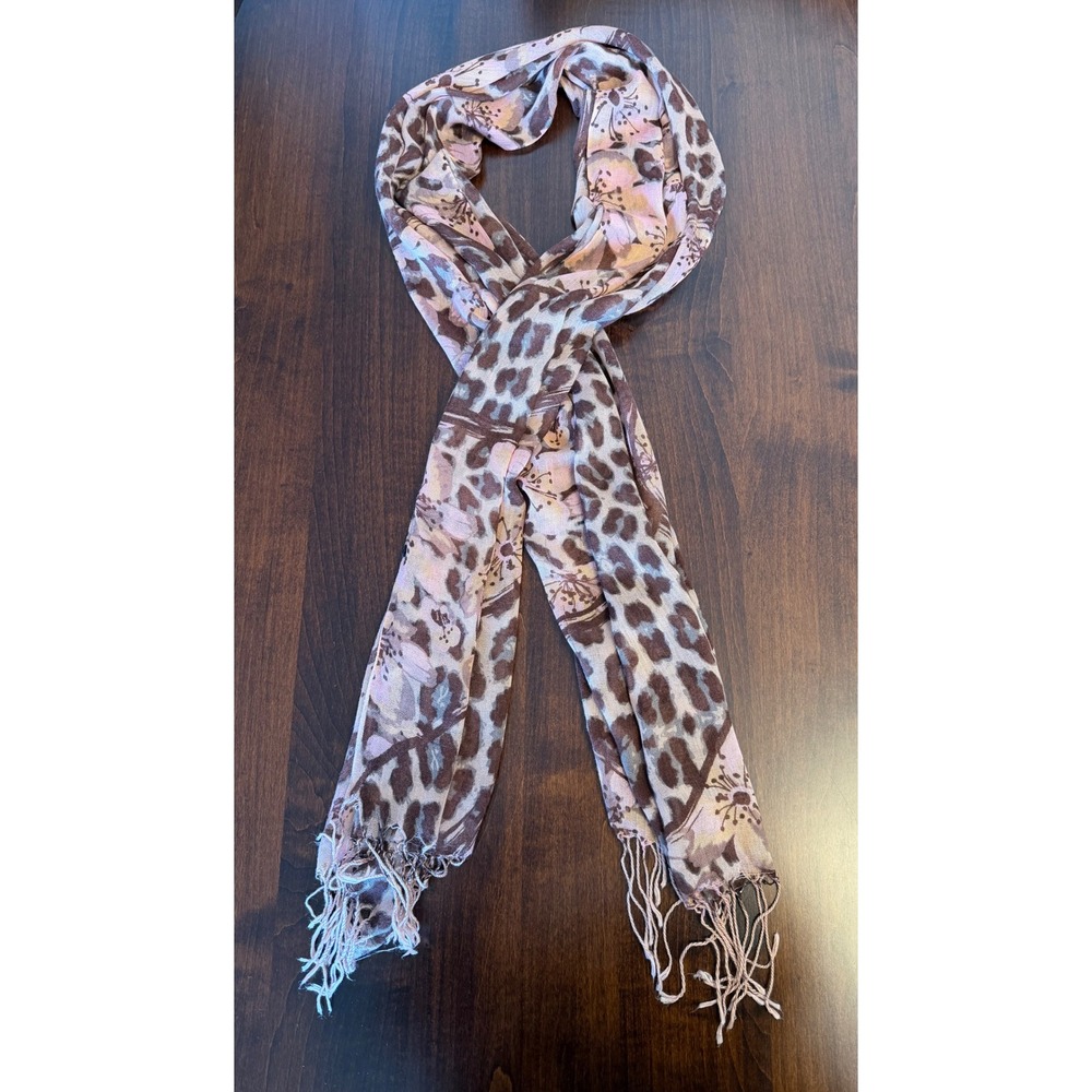 Leopard Floral Scarf Brown Pink Animal Print Fringe Wrap‎ Boho-Chic Maximalist